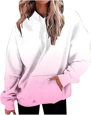 Oversized Sweatshirt For Women Tie Dye Crewneck Drawstring Pullover Hoodie Long Sleeve Gradient Color Block Tops