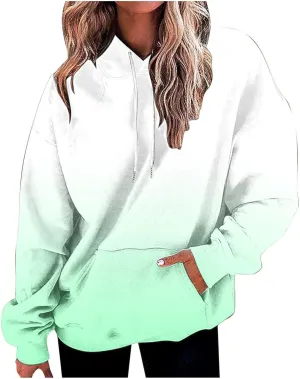 Oversized Sweatshirt For Women Tie Dye Crewneck Drawstring Pullover Hoodie Long Sleeve Gradient Color Block Tops