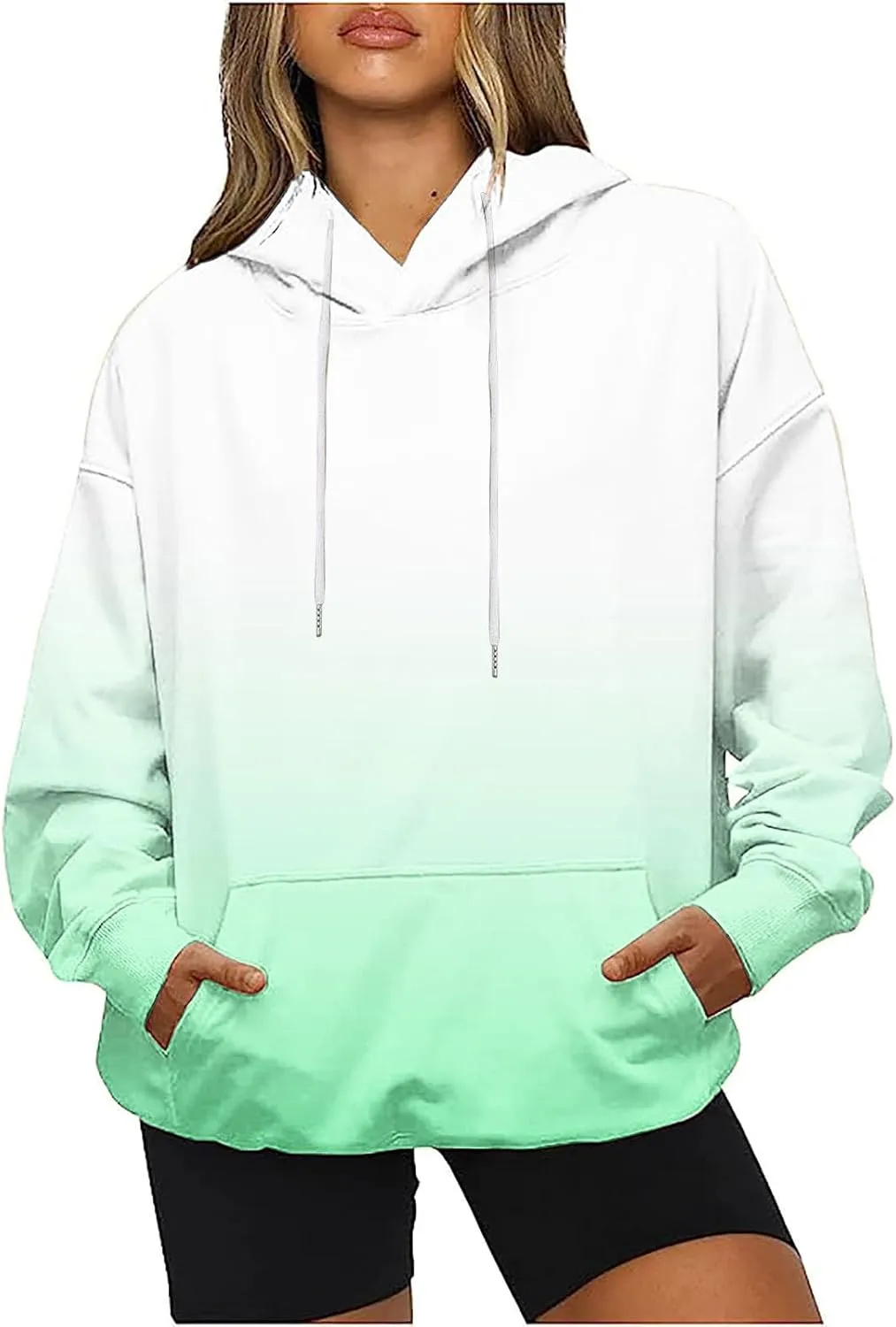 Oversized Sweatshirt For Women Tie Dye Crewneck Drawstring Pullover Hoodie Long Sleeve Gradient Color Block Tops
