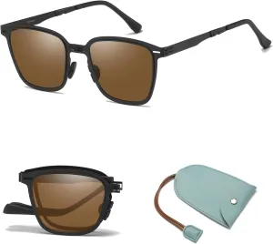 Polarized Folding Sunglasses Womens Men, Lightweight Foldable Sunglass Metal Frame Square Durable Sun Glasses Shades