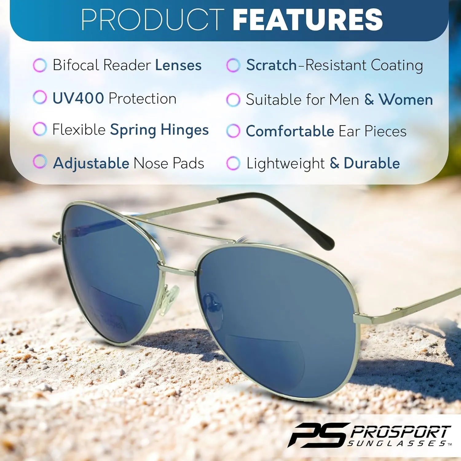 proSPORT Aviator Bifocal Sunglass Reader Flashed Mirror Lens Men Women