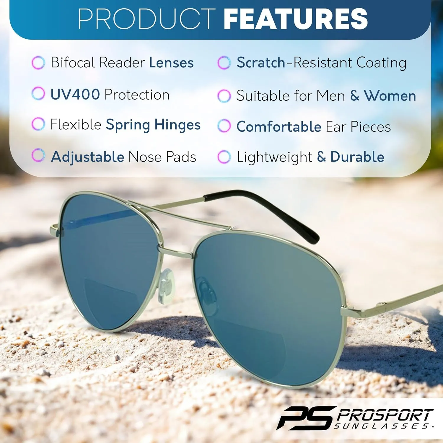 proSPORT Aviator Bifocal Sunglass Reader Flashed Mirror Lens Men Women
