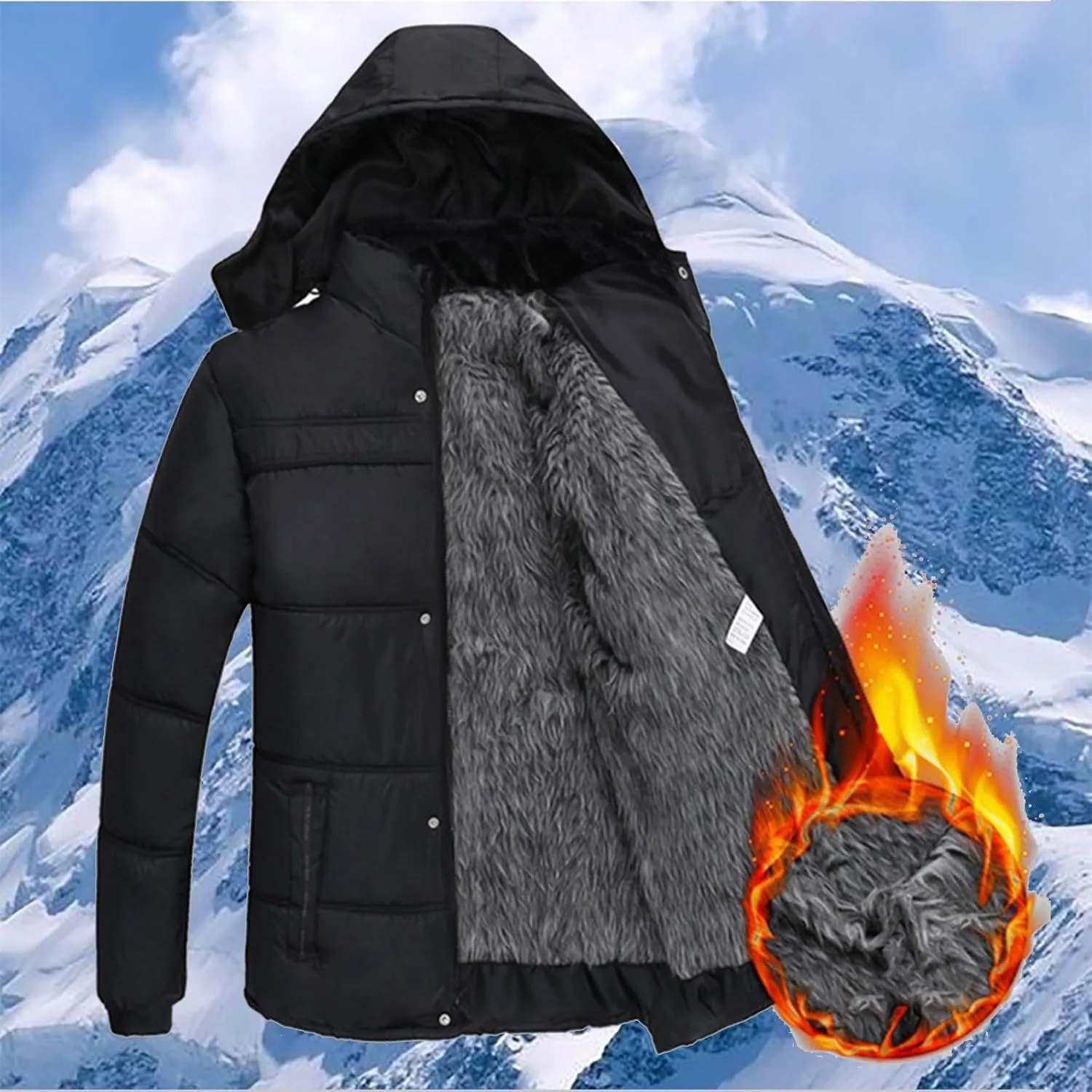 Puffer Jacket Men Fleece Lined Hooded down Jacket Quilted Windbreaker Jacket Warm Insulated Jackets Thermal Winter Coat