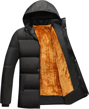 Puffer Jacket Men Fleece Lined Hooded down Jacket Quilted Windbreaker Jacket Warm Insulated Jackets Thermal Winter Coat