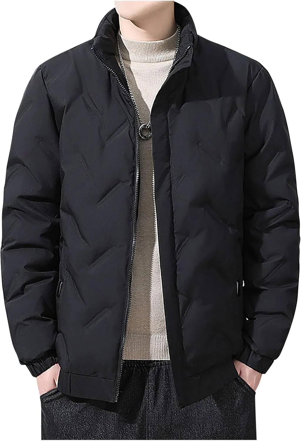 Puffer Jacket Men Lightweight down Jacket Stand Collar Quilted Coat Zip up Padded Coat Plus Size Winter Jacket