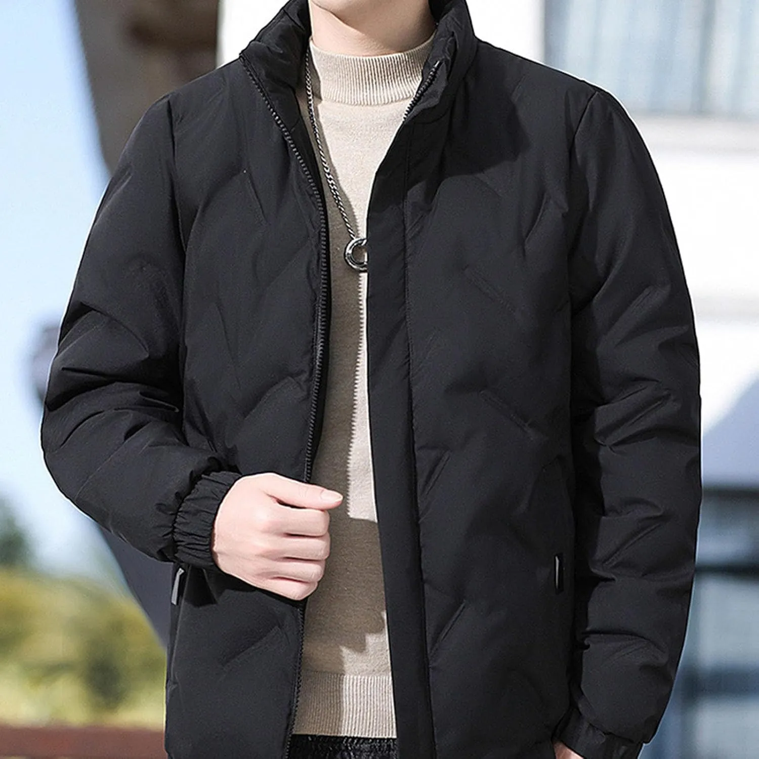 Puffer Jacket Men Lightweight down Jacket Stand Collar Quilted Coat Zip up Padded Coat Plus Size Winter Jacket