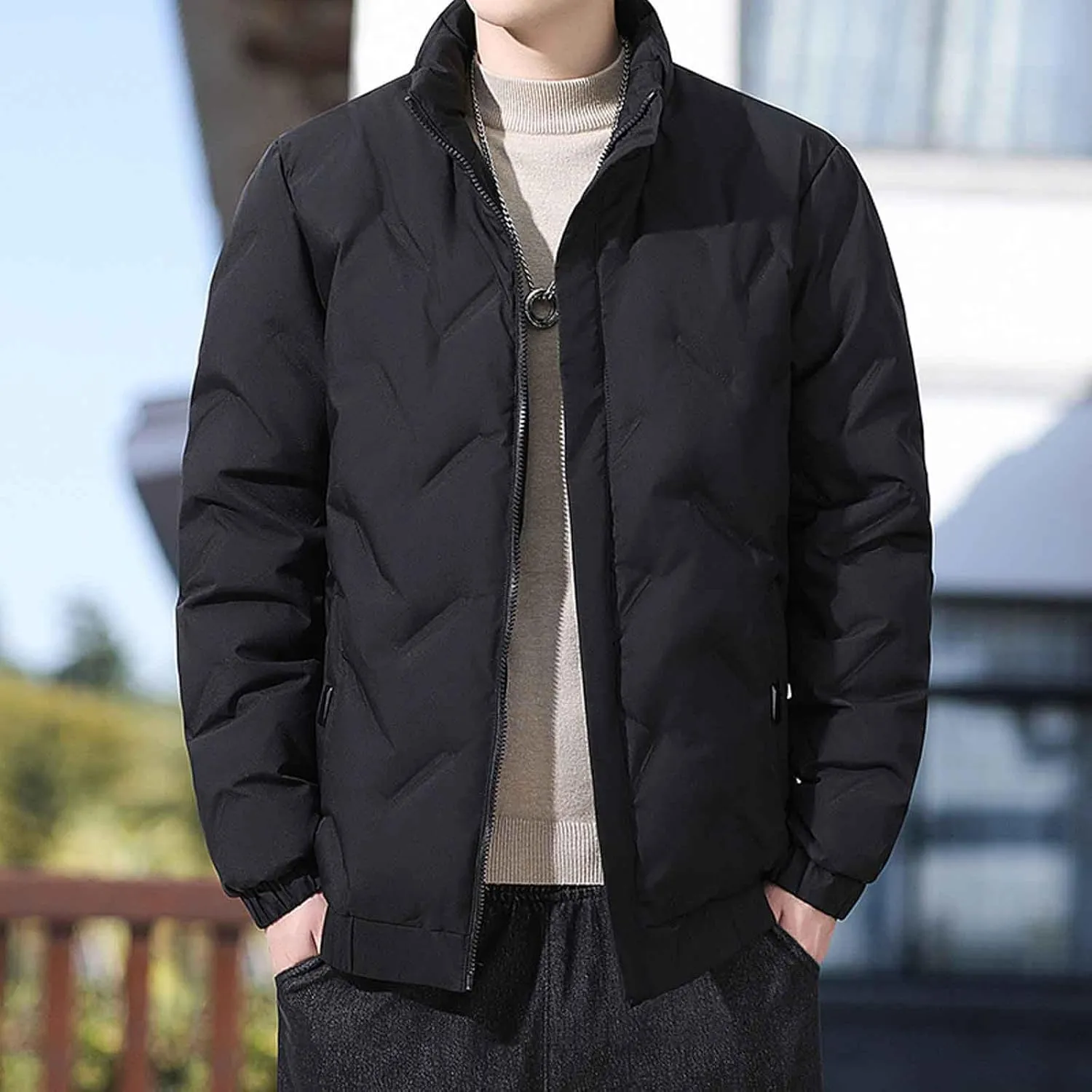 Puffer Jacket Men Lightweight down Jacket Stand Collar Quilted Coat Zip up Padded Coat Plus Size Winter Jacket
