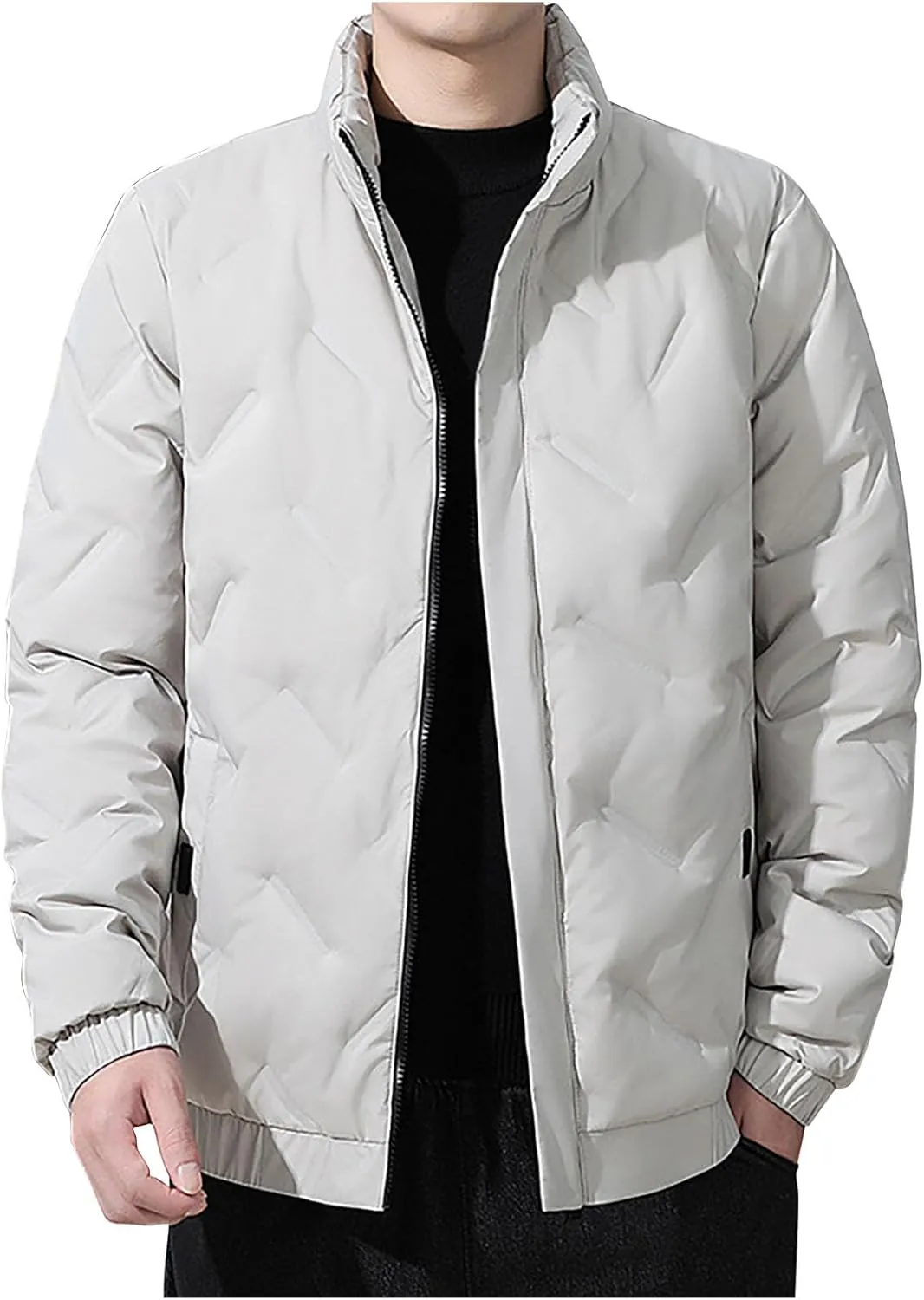 Puffer Jacket Men Lightweight down Jacket Stand Collar Quilted Coat Zip up Padded Coat Plus Size Winter Jacket