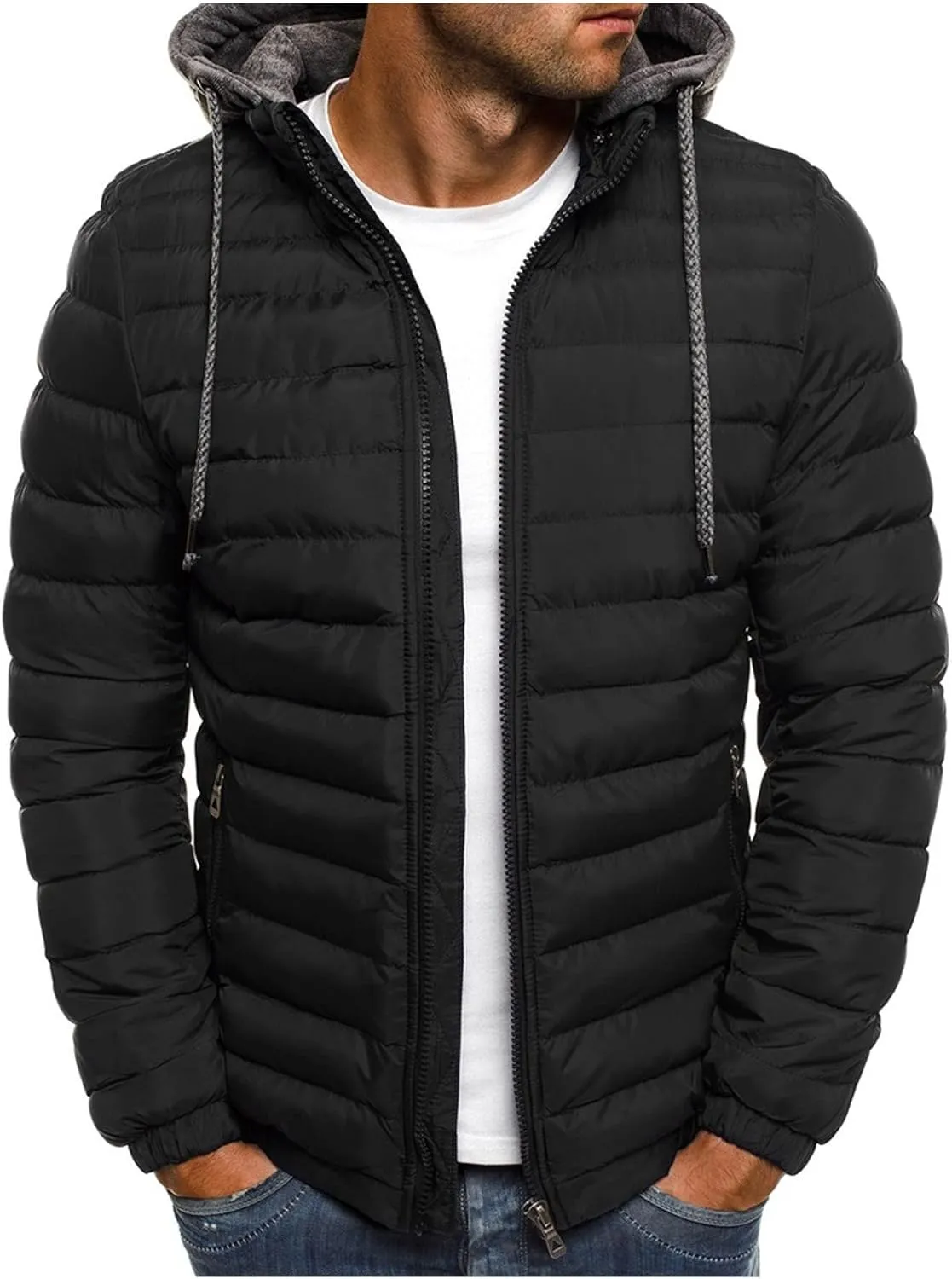 Puffer Jacket Men with Detachable Hood Packable Lightweight Down Jacket Zip up Quilted Jacket Warm Winter Jacket