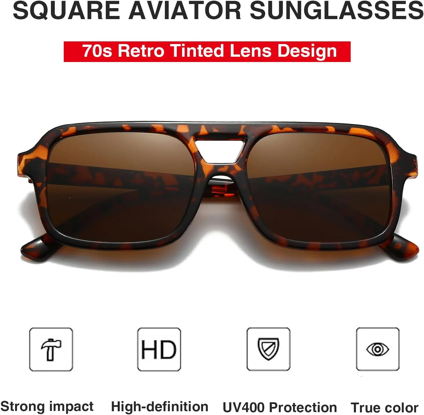 Retro Square Aviator Sunglasses for Women Men 70s Tinted Square Aviator Sun Glasses Trendy Classic Shades