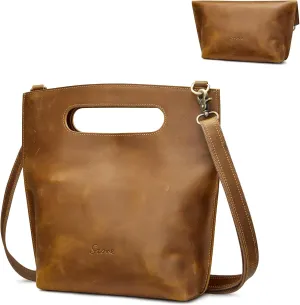 S-ZONE Women Vintage Genuine Leather Crossbody Bag Distressed Foldable Clutch Top Handle Handbag Purse