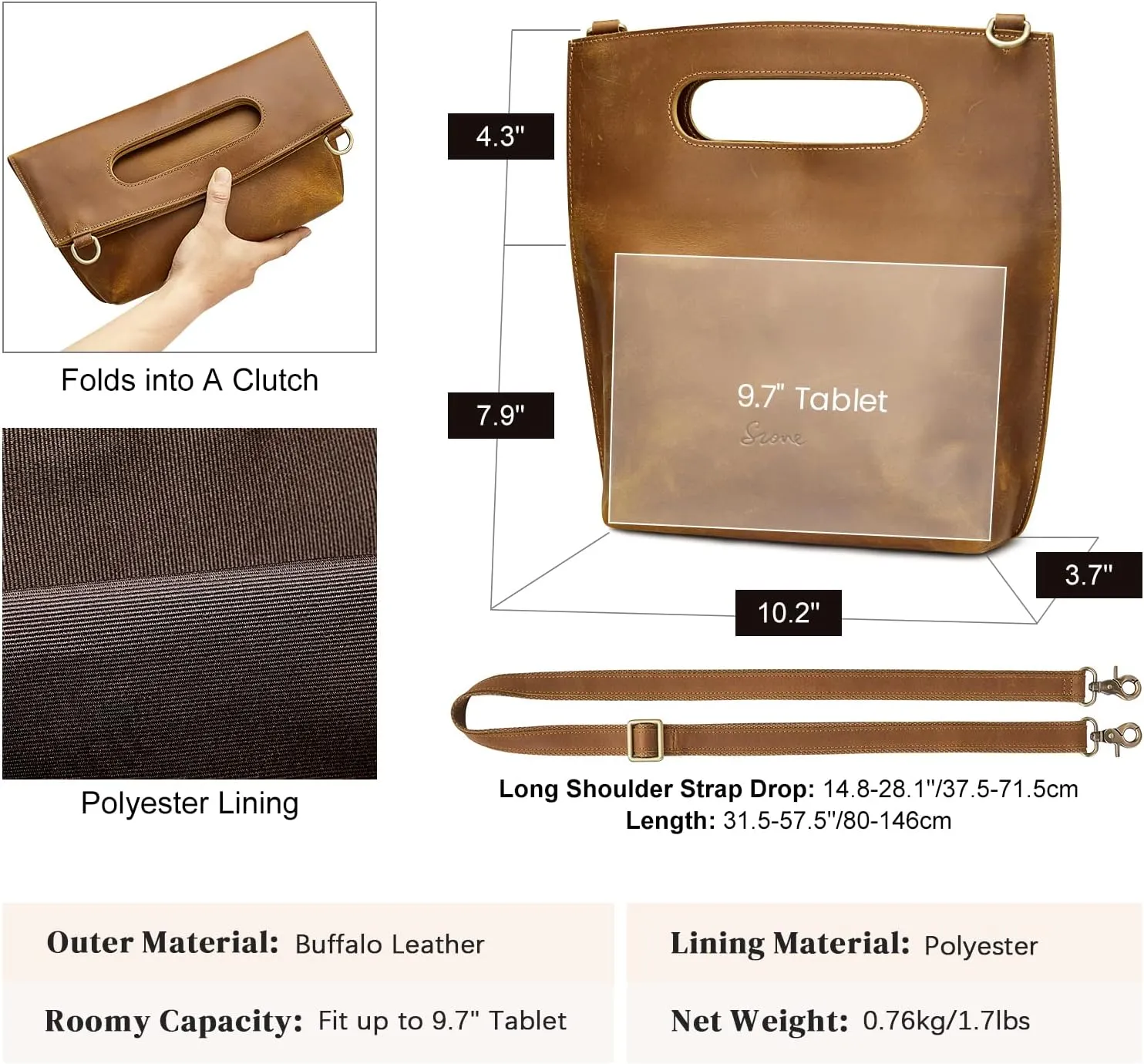 S-ZONE Women Vintage Genuine Leather Crossbody Bag Distressed Foldable Clutch Top Handle Handbag Purse
