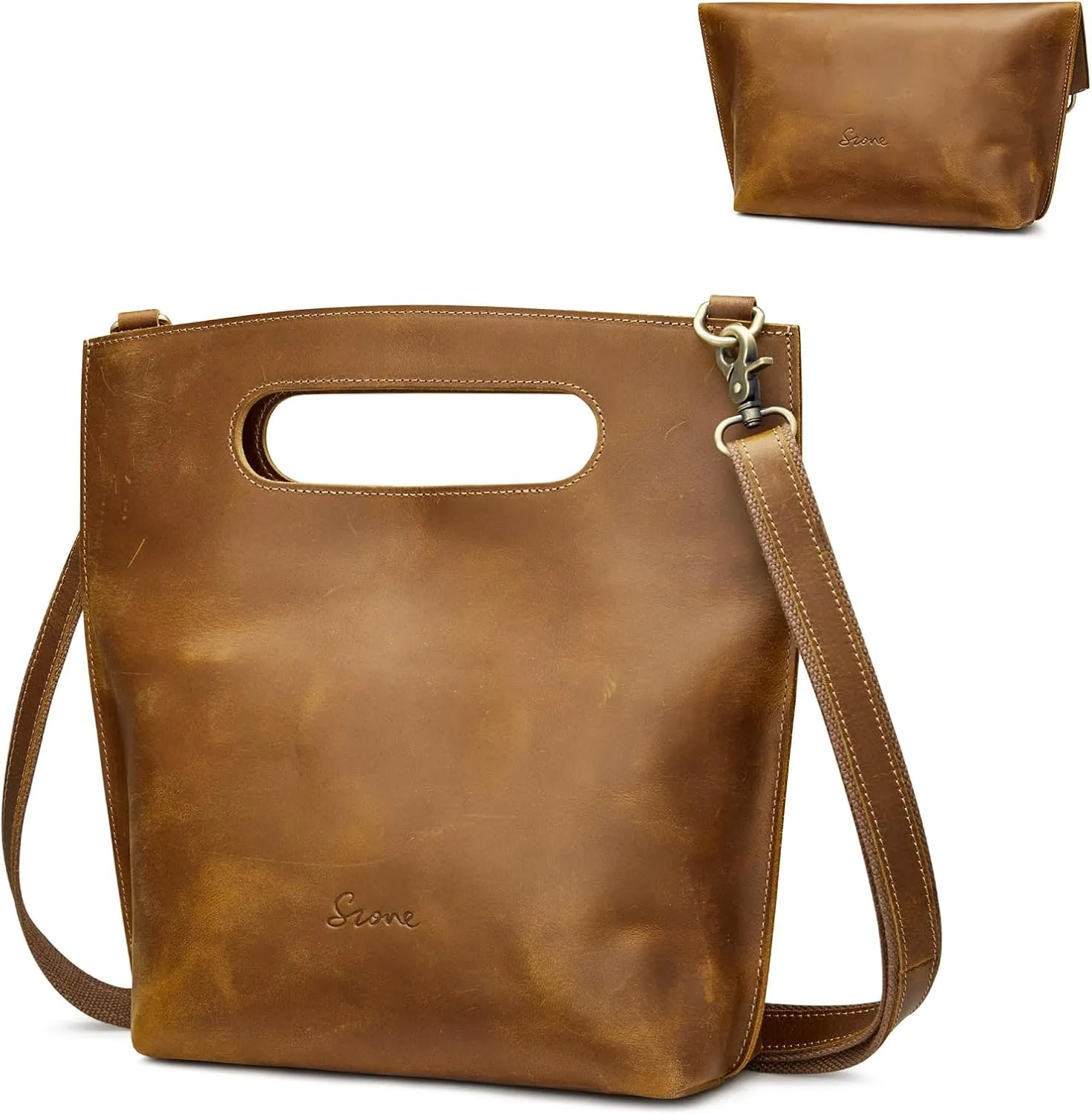 S-ZONE Women Vintage Genuine Leather Crossbody Bag Distressed Foldable Clutch Top Handle Handbag Purse