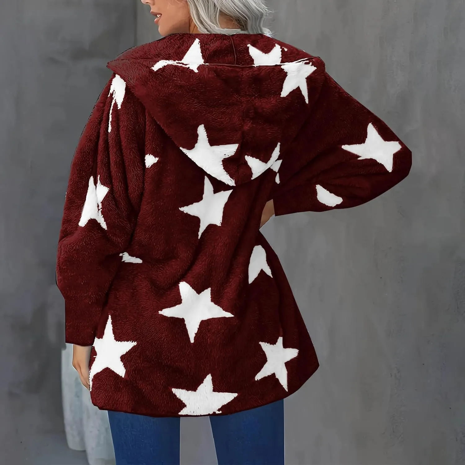 Sherpa Jacket Women Fuzzy Fleece Open Front Hooded Cardigan Cute Star Graphic Hoodie Fluffy Warm Winter Coats Outwear