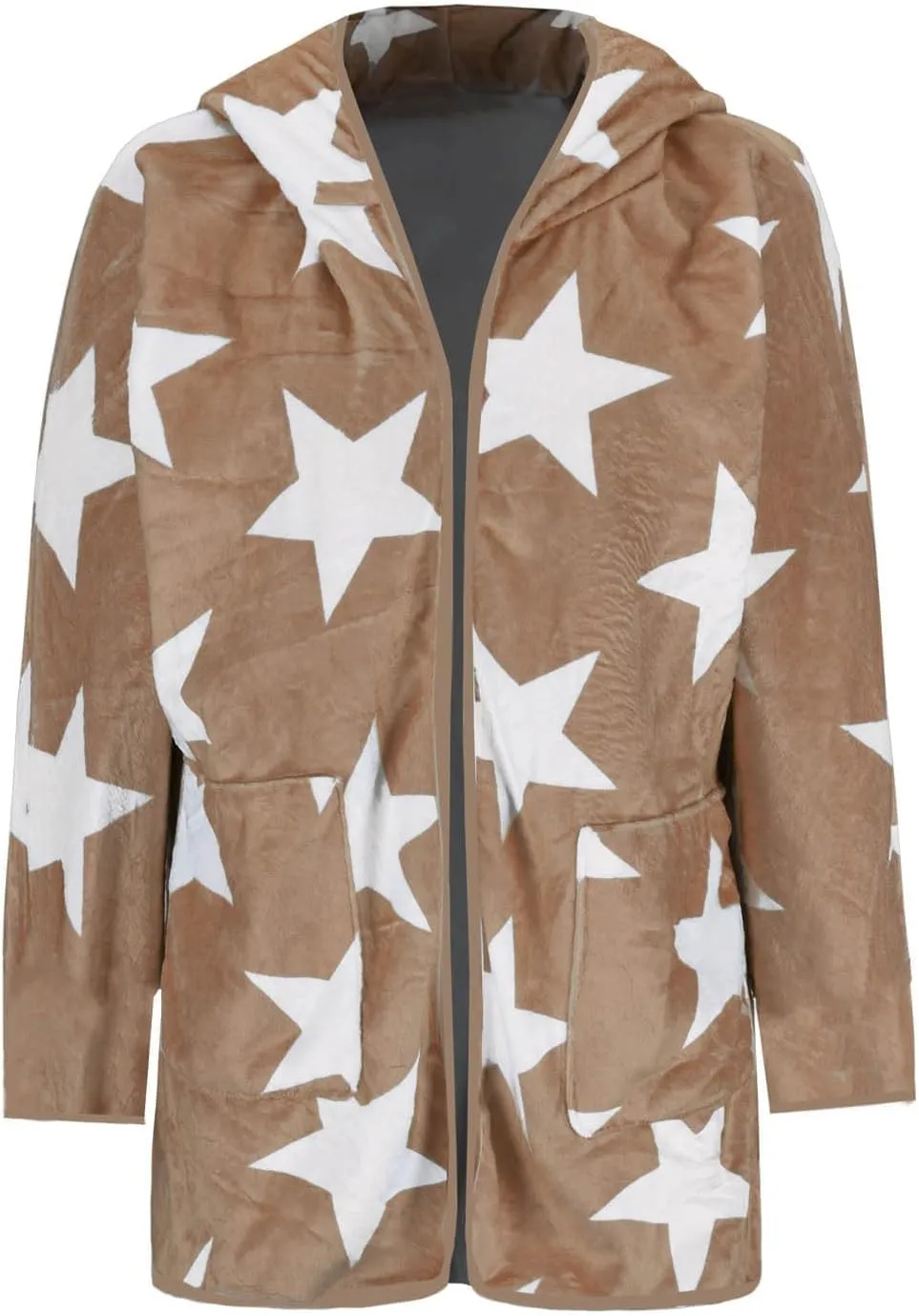 Sherpa Jacket Women Fuzzy Fleece Open Front Hooded Cardigan Cute Star Graphic Hoodie Fluffy Warm Winter Coats Outwear