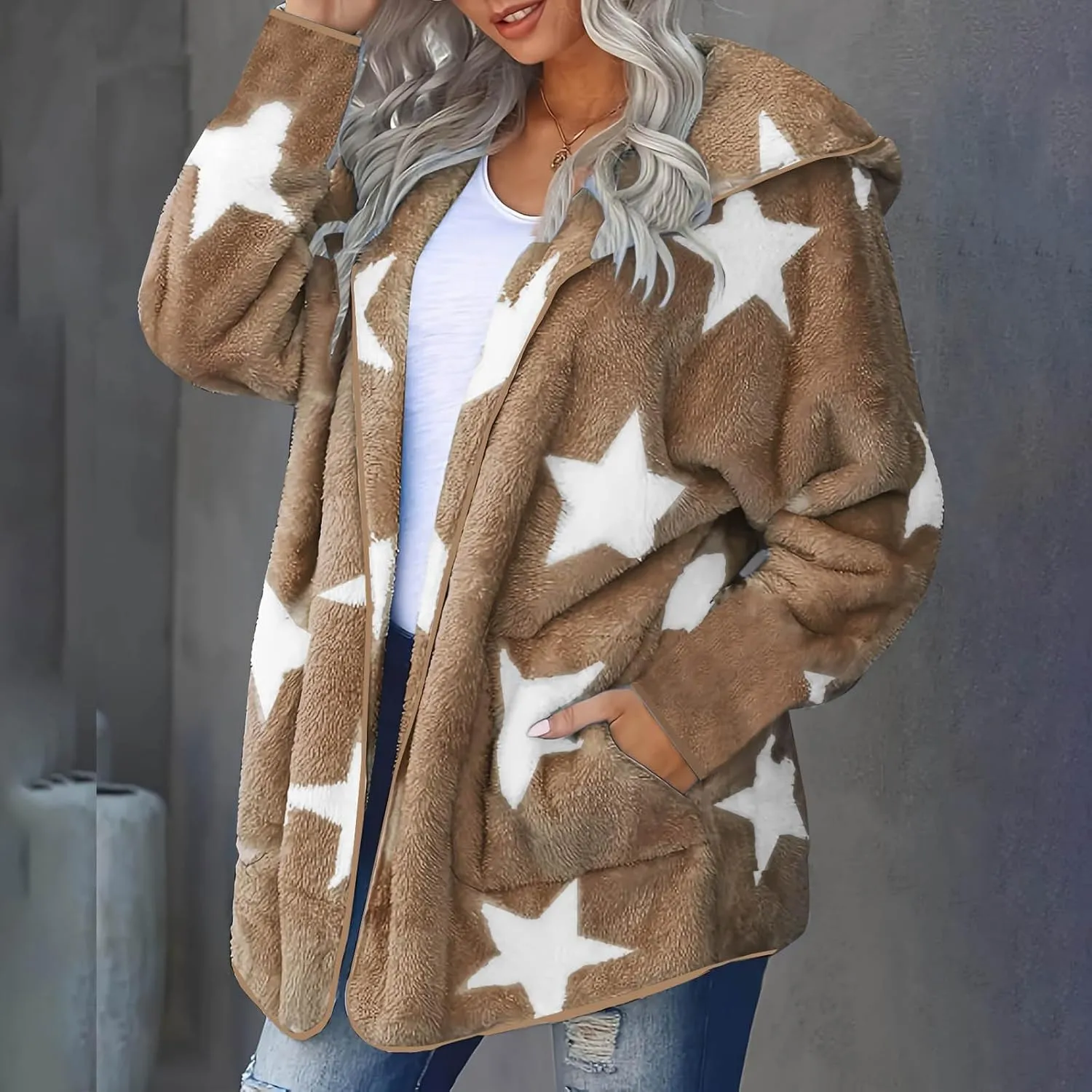 Sherpa Jacket Women Fuzzy Fleece Open Front Hooded Cardigan Cute Star Graphic Hoodie Fluffy Warm Winter Coats Outwear