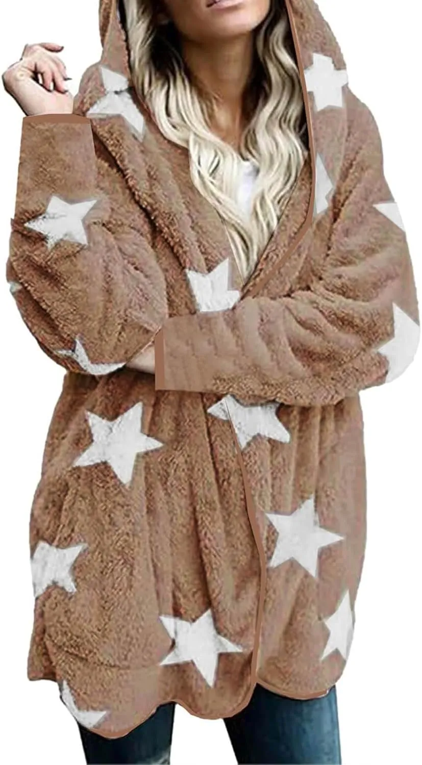 Sherpa Jacket Women Fuzzy Fleece Open Front Hooded Cardigan Cute Star Graphic Hoodie Fluffy Warm Winter Coats Outwear