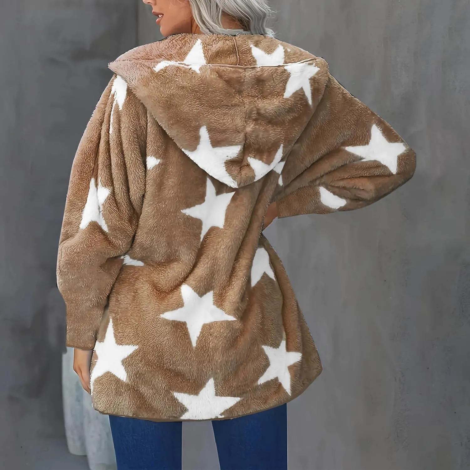 Sherpa Jacket Women Fuzzy Fleece Open Front Hooded Cardigan Cute Star Graphic Hoodie Fluffy Warm Winter Coats Outwear