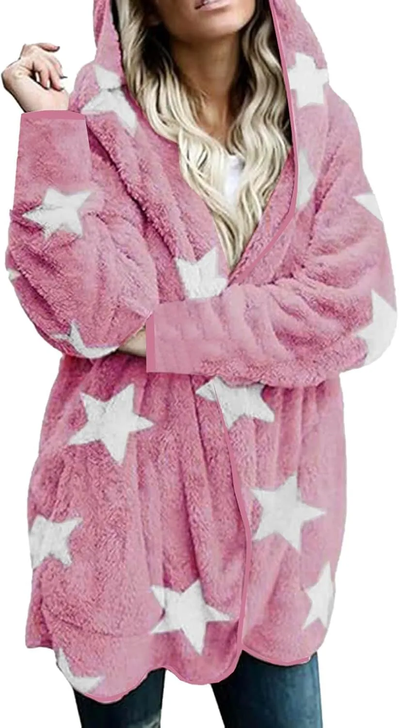 Sherpa Jacket Women Fuzzy Fleece Open Front Hooded Cardigan Cute Star Graphic Hoodie Fluffy Warm Winter Coats Outwear