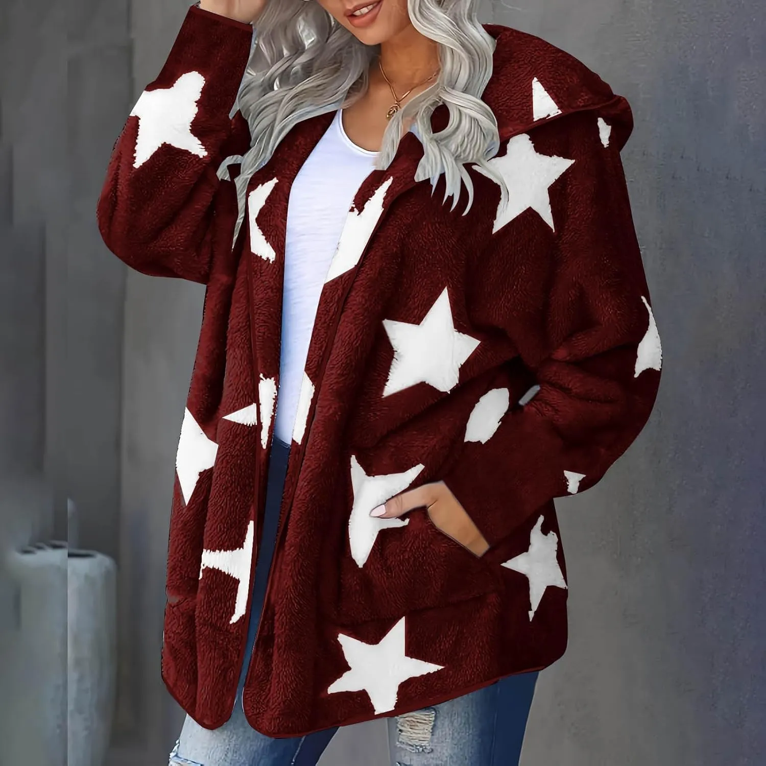 Sherpa Jacket Women Fuzzy Fleece Open Front Hooded Cardigan Cute Star Graphic Hoodie Fluffy Warm Winter Coats Outwear