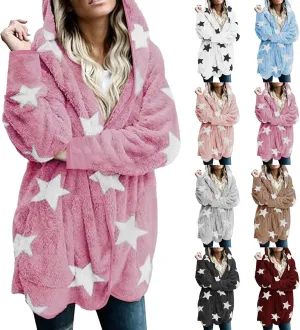 Sherpa Jacket Women Fuzzy Fleece Open Front Hooded Cardigan Cute Star Graphic Hoodie Fluffy Warm Winter Coats Outwear