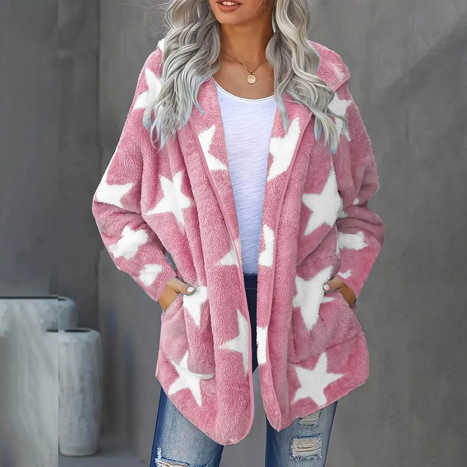 Sherpa Jacket Women Fuzzy Fleece Open Front Hooded Cardigan Cute Star Graphic Hoodie Fluffy Warm Winter Coats Outwear