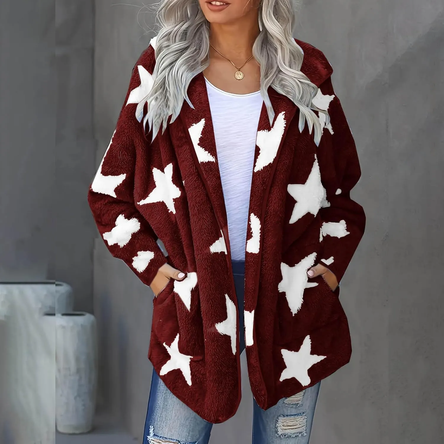 Sherpa Jacket Women Fuzzy Fleece Open Front Hooded Cardigan Cute Star Graphic Hoodie Fluffy Warm Winter Coats Outwear