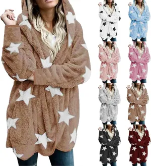 Sherpa Jacket Women Fuzzy Fleece Open Front Hooded Cardigan Cute Star Graphic Hoodie Fluffy Warm Winter Coats Outwear