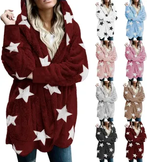Sherpa Jacket Women Fuzzy Fleece Open Front Hooded Cardigan Cute Star Graphic Hoodie Fluffy Warm Winter Coats Outwear