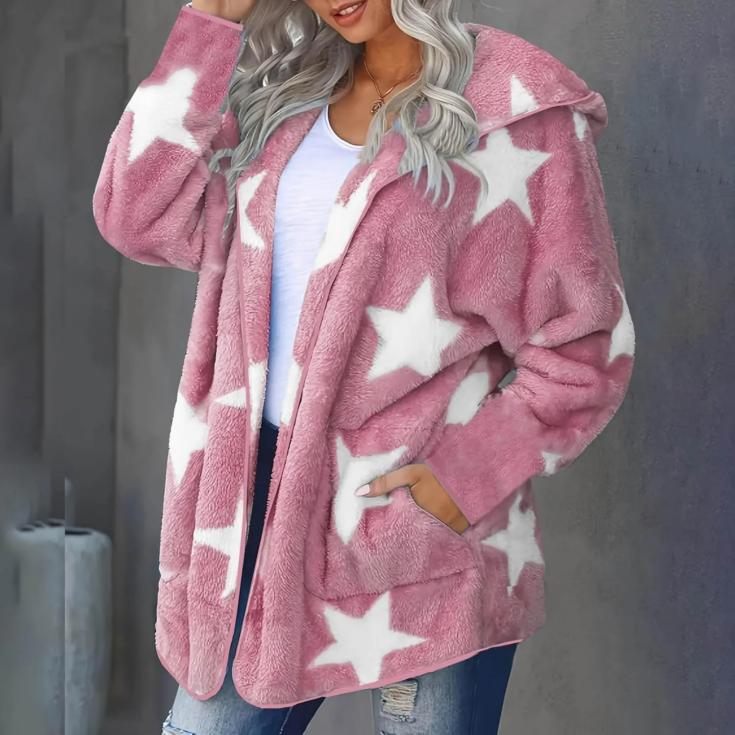 Sherpa Jacket Women Fuzzy Fleece Open Front Hooded Cardigan Cute Star Graphic Hoodie Fluffy Warm Winter Coats Outwear