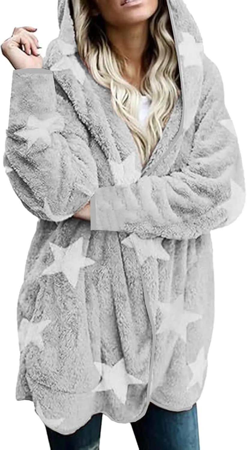 Sherpa Jacket Women Fuzzy Fleece Open Front Hooded Cardigan Cute Star Graphic Hoodie Fluffy Warm Winter Coats Outwear