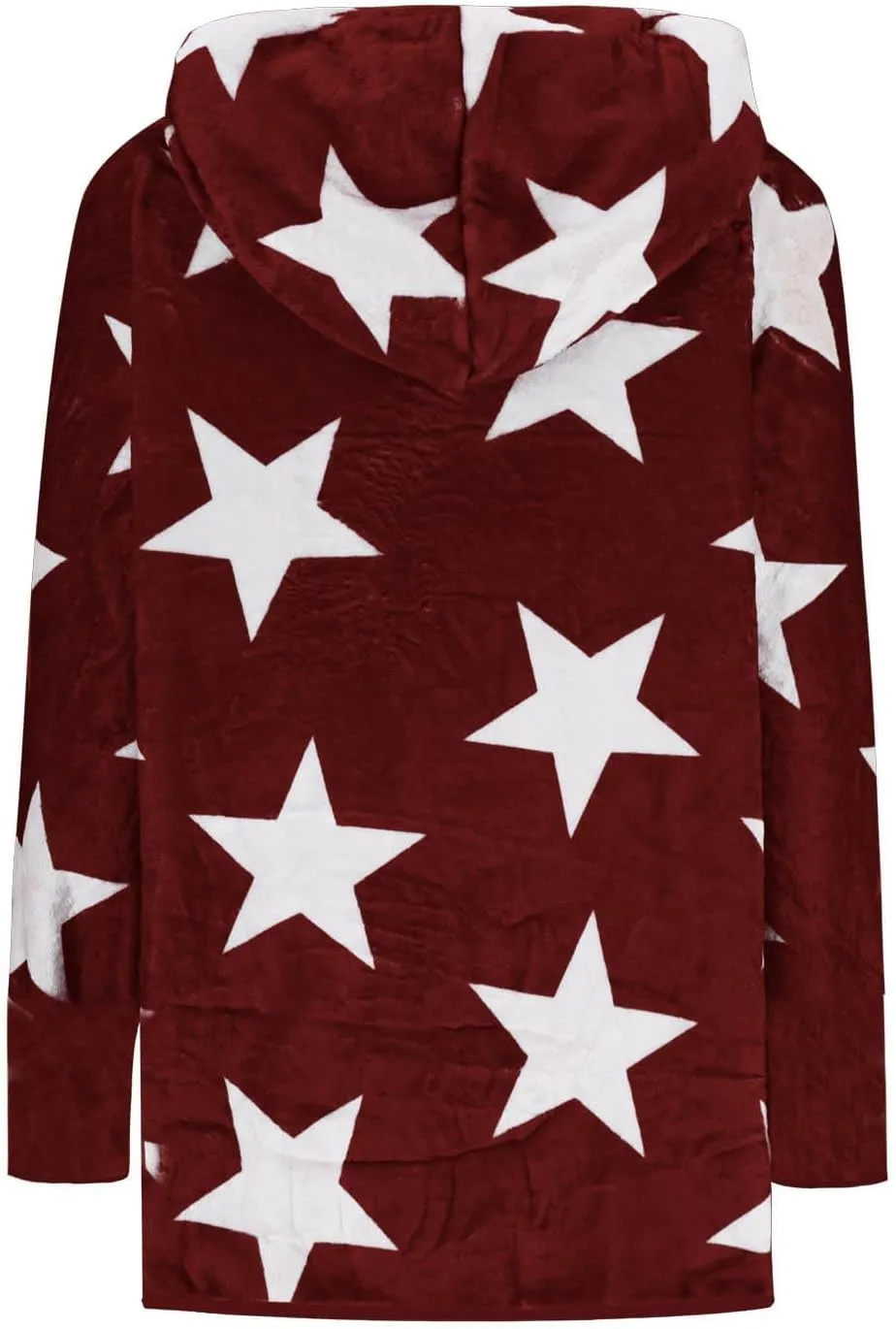 Sherpa Jacket Women Fuzzy Fleece Open Front Hooded Cardigan Cute Star Graphic Hoodie Fluffy Warm Winter Coats Outwear