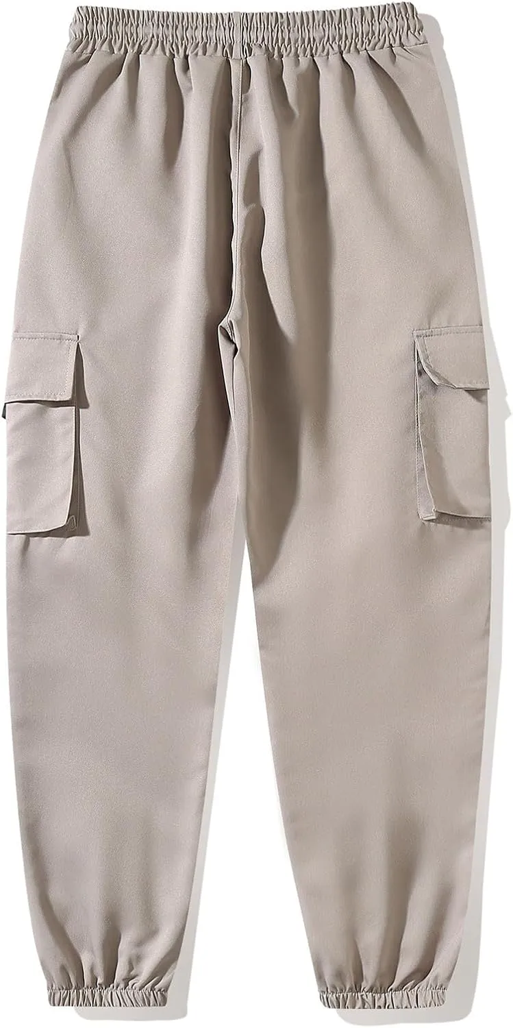 Sinzelimin Men Cargo Pants Fashion Drawstring Elastic Waist Jogger Sweatpant Baggy Casual Comfy Wide Leg Bound Feet Trouser