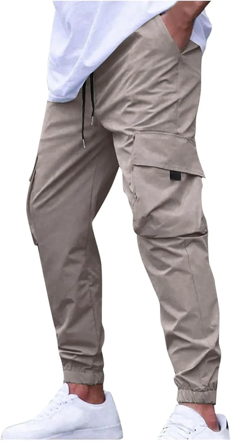 Sinzelimin Men Cargo Pants Fashion Drawstring Elastic Waist Jogger Sweatpant Baggy Casual Comfy Wide Leg Bound Feet Trouser