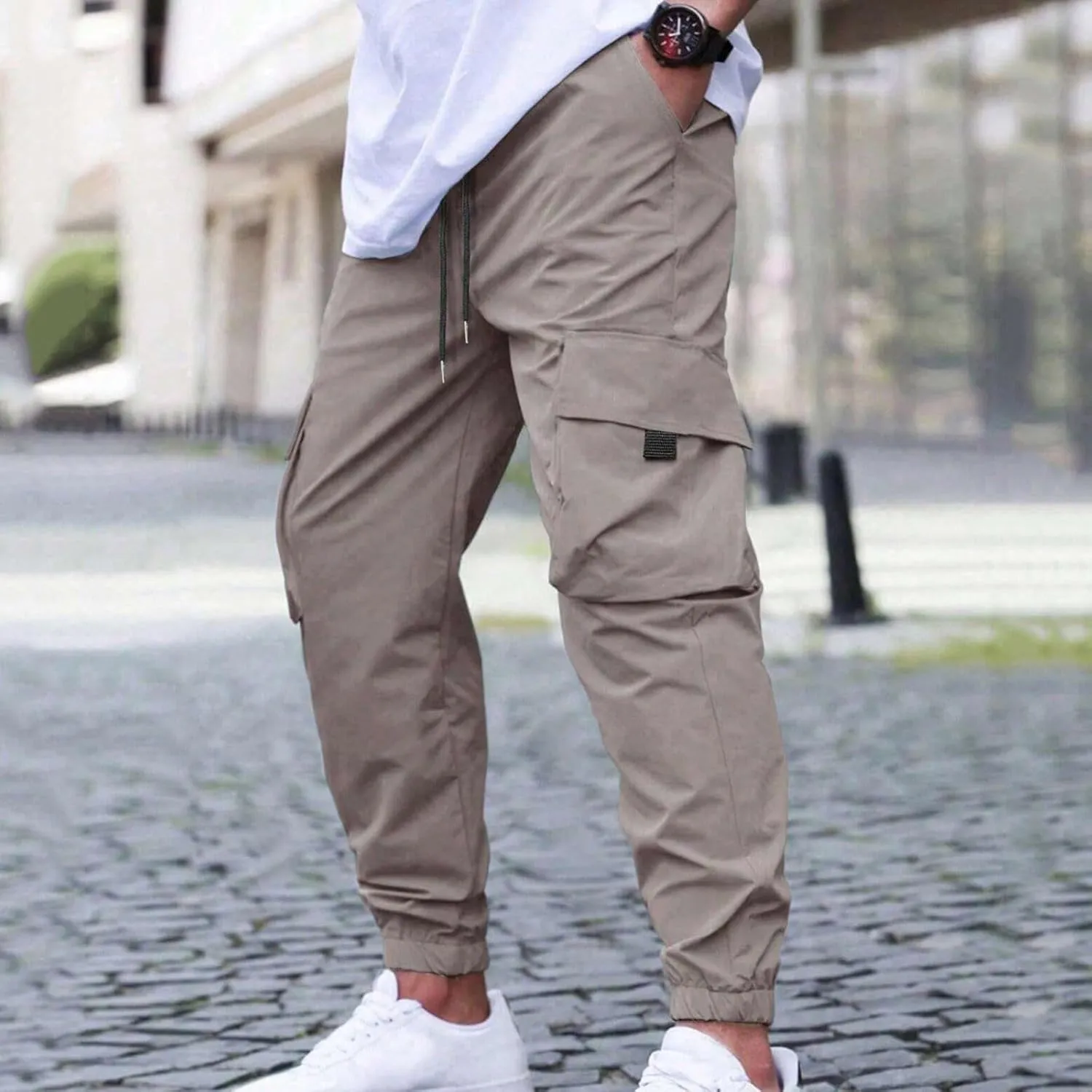 Sinzelimin Men Cargo Pants Fashion Drawstring Elastic Waist Jogger Sweatpant Baggy Casual Comfy Wide Leg Bound Feet Trouser