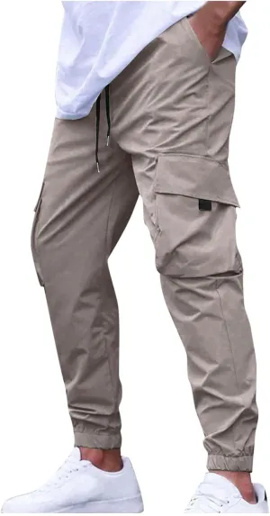 Sinzelimin Men Cargo Pants Fashion Drawstring Elastic Waist Jogger Sweatpant Baggy Casual Comfy Wide Leg Bound Feet Trouser