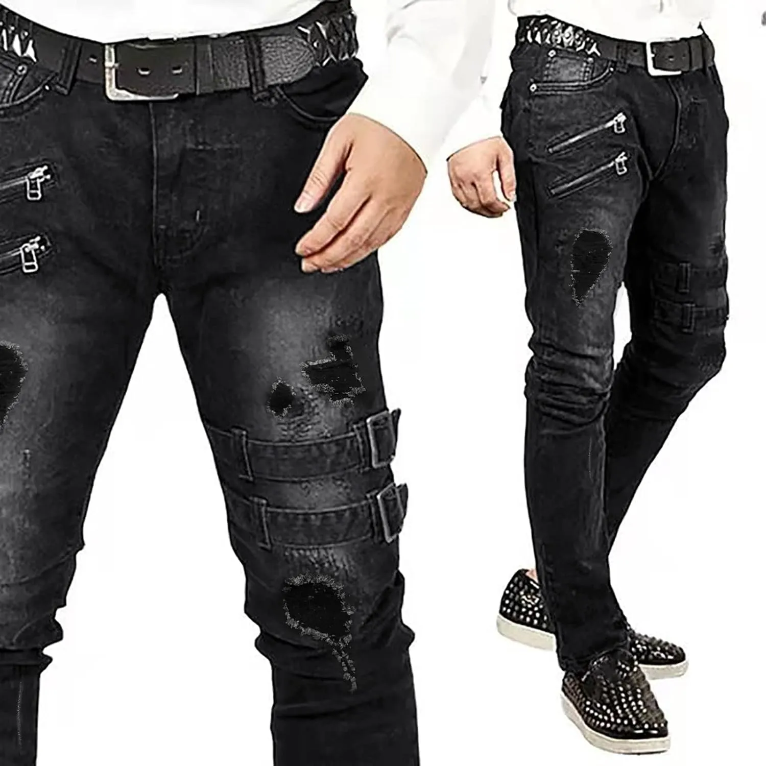 Skinny Cargo Jeans for Men Mid-Rise Straight-Leg Jean Stretch Casual Flat Front Classic Tapered Leg Moto Biker Denim Pants