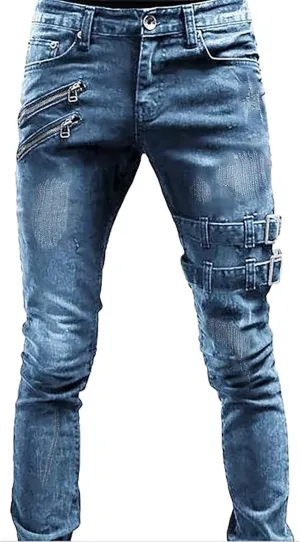 Skinny Cargo Jeans for Men Mid-Rise Straight-Leg Jean Stretch Casual Flat Front Classic Tapered Leg Moto Biker Denim Pants