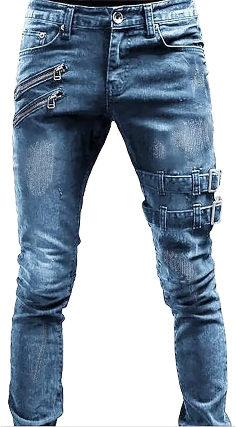 Skinny Cargo Jeans for Men Mid-Rise Straight-Leg Jean Stretch Casual Flat Front Classic Tapered Leg Moto Biker Denim Pants