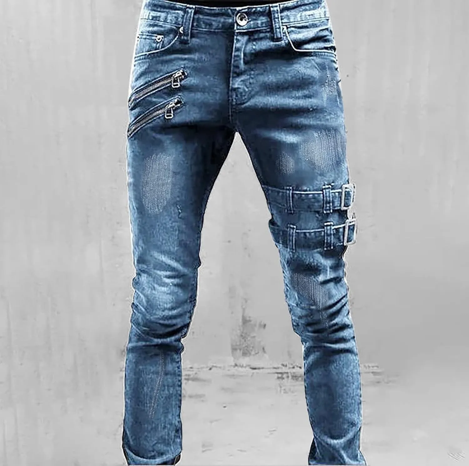 Skinny Cargo Jeans for Men Mid-Rise Straight-Leg Jean Stretch Casual Flat Front Classic Tapered Leg Moto Biker Denim Pants