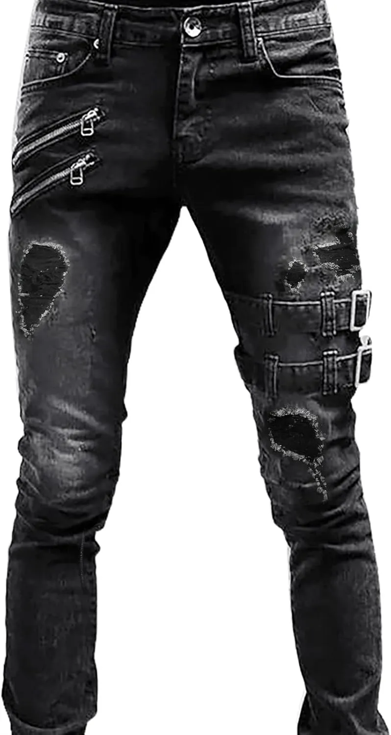 Skinny Cargo Jeans for Men Mid-Rise Straight-Leg Jean Stretch Casual Flat Front Classic Tapered Leg Moto Biker Denim Pants