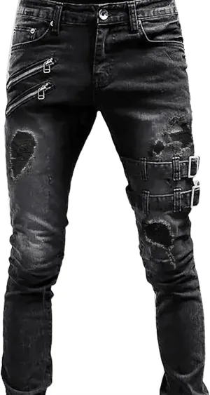 Skinny Cargo Jeans for Men Mid-Rise Straight-Leg Jean Stretch Casual Flat Front Classic Tapered Leg Moto Biker Denim Pants