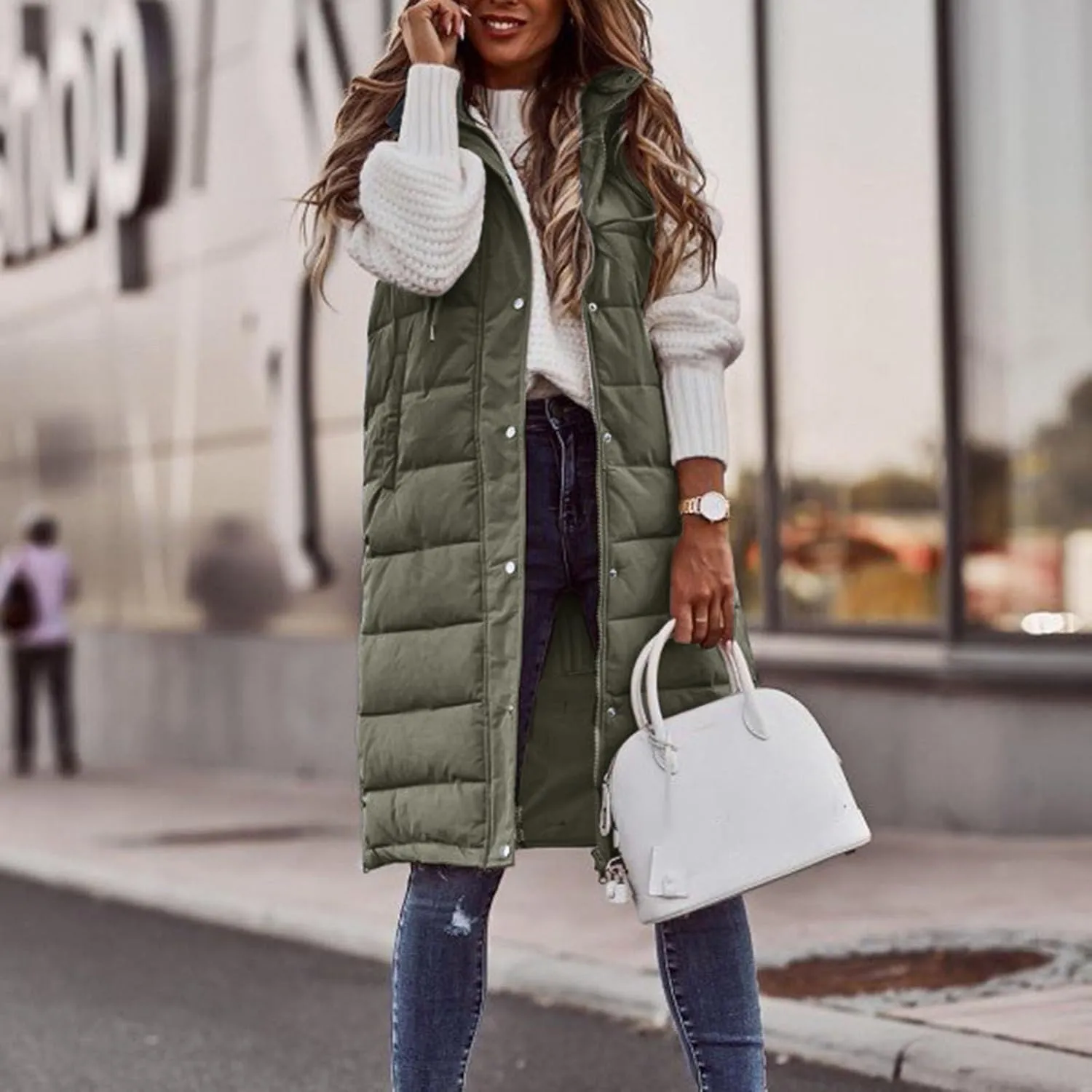 Solid Coloured Hooded Breasted Medium Length Slim Temperament Cardigan Jacket Tops Jacket Size