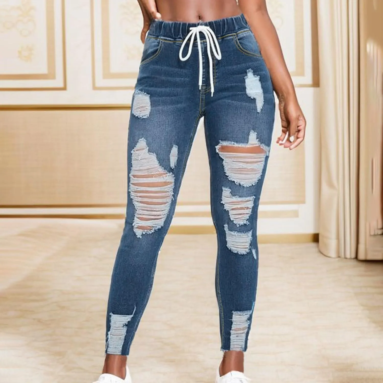 Stretch Jeans for Women Casual Drawstring High Waisted Jeans Straight Leg Pants Trendy Skinny Ripped Jeans