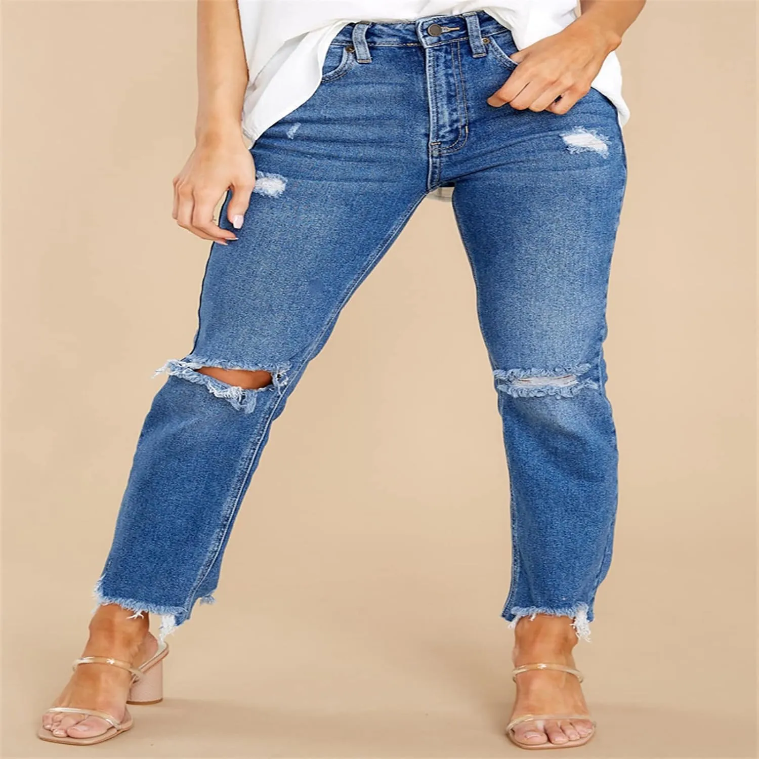 Stretch Jeans for Women Casual Drawstring High Waisted Jeans Straight Leg Pants Trendy Skinny Ripped Jeans
