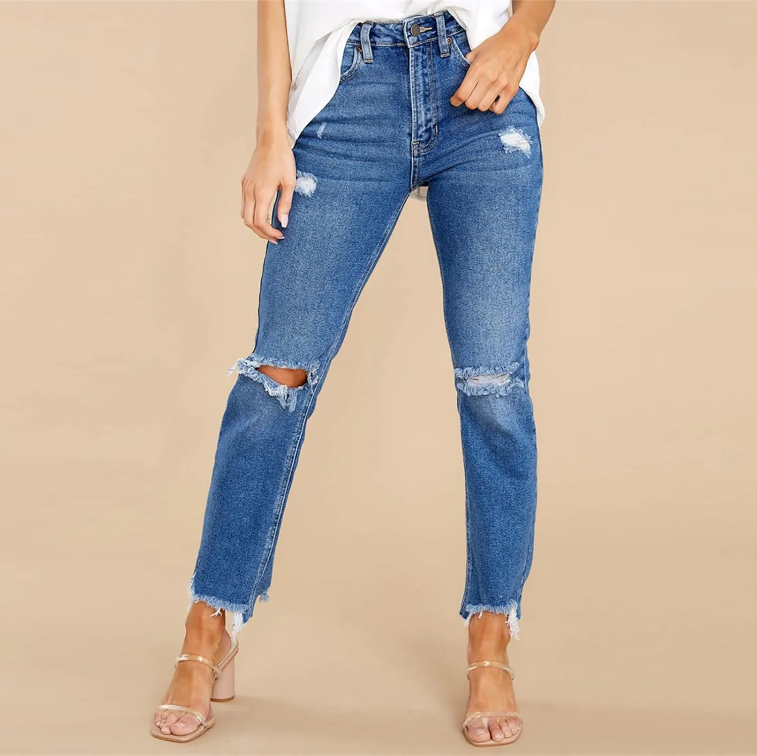 Stretch Jeans for Women Casual Drawstring High Waisted Jeans Straight Leg Pants Trendy Skinny Ripped Jeans