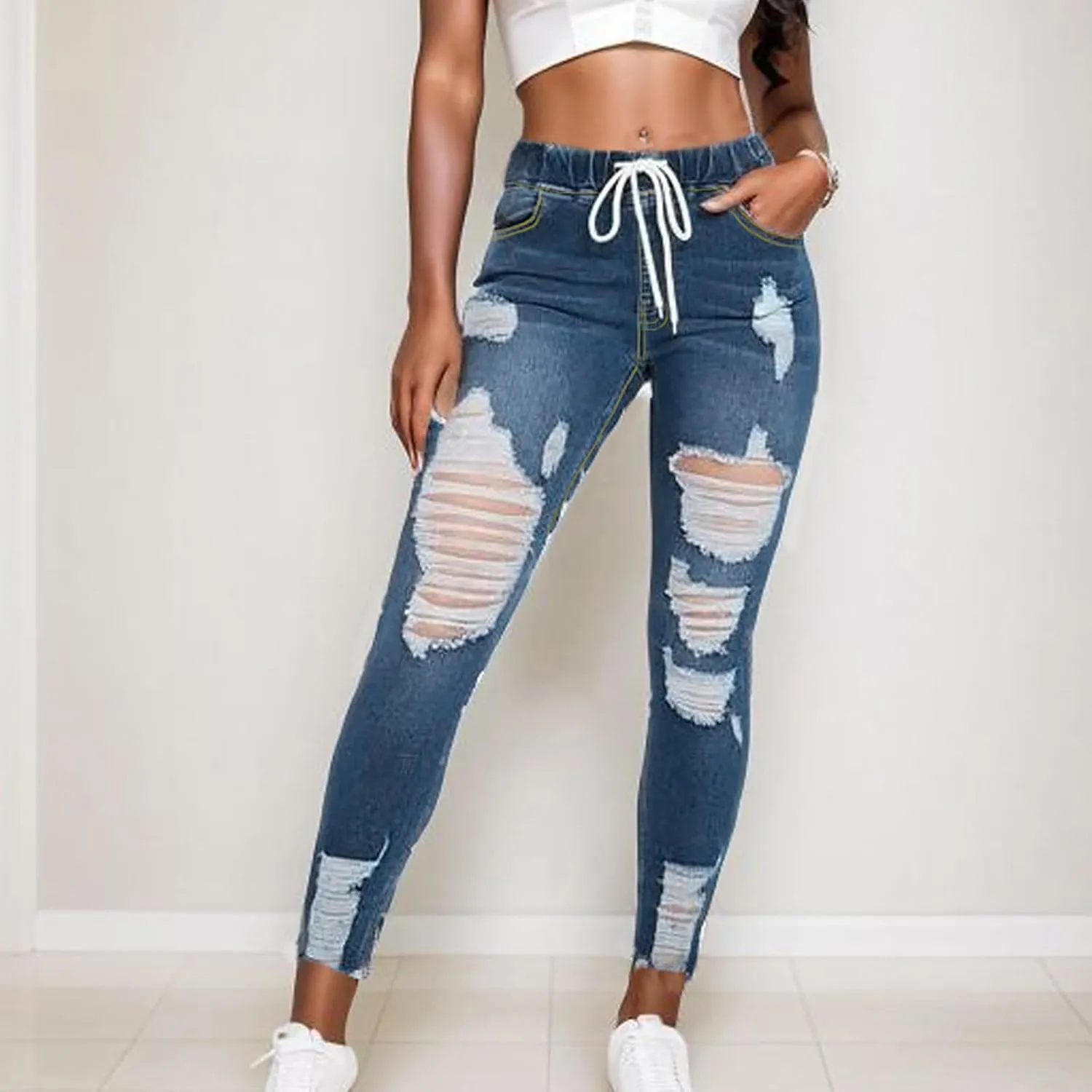 Stretch Jeans for Women Casual Drawstring High Waisted Jeans Straight Leg Pants Trendy Skinny Ripped Jeans