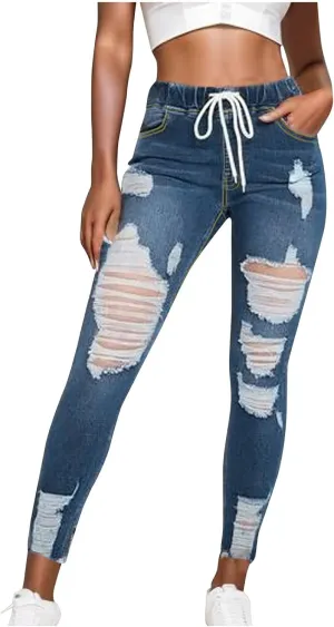Stretch Jeans for Women Casual Drawstring High Waisted Jeans Straight Leg Pants Trendy Skinny Ripped Jeans