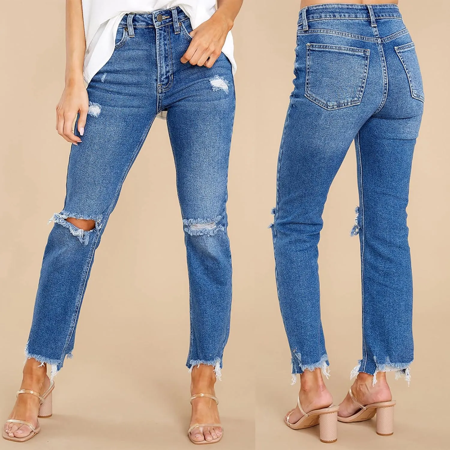 Stretch Jeans for Women Casual Drawstring High Waisted Jeans Straight Leg Pants Trendy Skinny Ripped Jeans