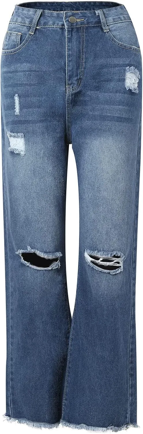 Stretch Jeans for Women Casual Drawstring High Waisted Jeans Straight Leg Pants Trendy Skinny Ripped Jeans